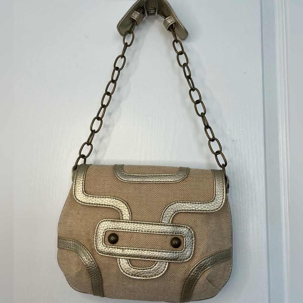 Gold Trim Tan Canvas Purse | 10.5 x 7.5 “
